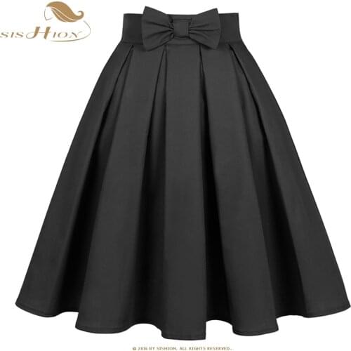 SISHION Y2K Clothes Solid Color Bow Cotton Black Skirt SS0012 High Waist 50s 60s Retro Vintage Swing Pleated Skirt Plus Size