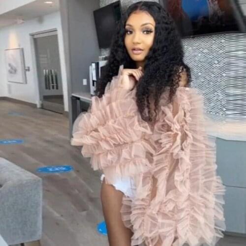 Fluffy Nude Khaki Women Blouse Off Shoulder Tulle Tiered Long Sleeve Tops Shirt Short Blouse Women Formal Party Top Custom