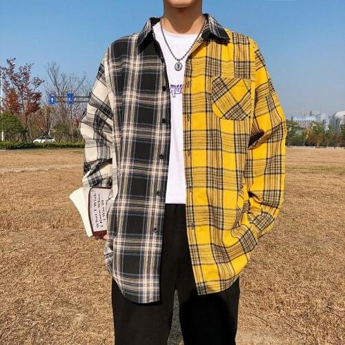 Men Oversized Cotton Plaid Shirt 2020 Man Hip Hop Patchwork Button Up Long Sleeve Shirt Couple Korean Harajuku Clothing