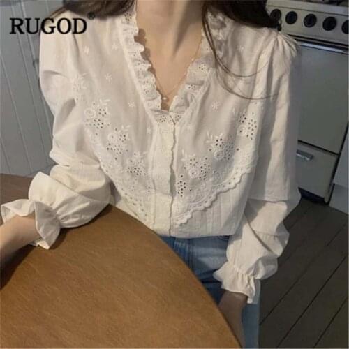RUGOD V neck women blouses patchwork hollow out lace edge white solid elegant vintage korean style modis femme blusas mujer