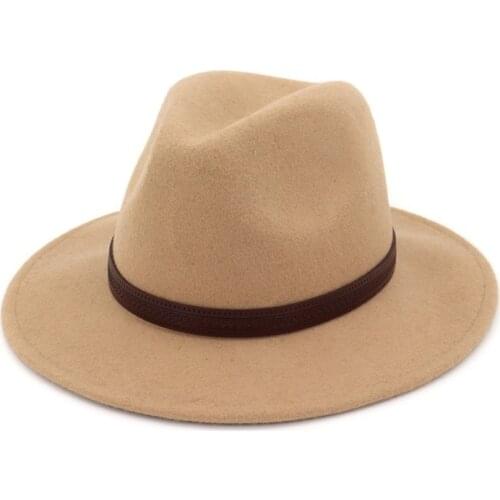 100% Wool Fedora Hats with Leather Decorated Wide Flat Brim Jazz Formal Hat Panama Cowboy Cap Trilby Sombrero for Men Women