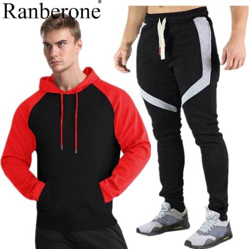 Ranberone Stripe Tracksuit Men Hoodie Sweater Running Leggings Sportswear Casual Workout Gym Clothes Male Running Jogging Set