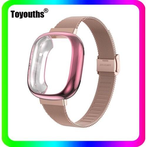 Toyouths Strap For Fitbit Versa 3 Stainless Steel Loop Watch Band With TPU Case for Fitbit Sense Band Women Wristband Accessory