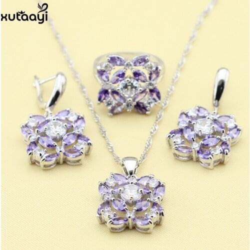XUTAAYI 3PCS Top Flowers Silver Color Jewelry Sets For womenPurple Cubic Zirconia Pretty Wedding Necklace/Rings/Earrings Sets
