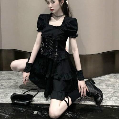 Japanese Harajuku Black Gothic Lolita Dress Vintage Summer Sweet Sexy Lace-Up Punk Dresses Women Square Collar Puff Sleeve Dress