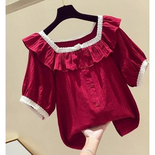 Red Sequare Collar Women Blouse And Shirts Summer New Ruffles Short-Sleeved Loose Solid Female Pulls Tops Tees