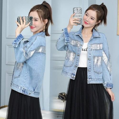 2021 Jacket Denim Fashion Loose Real Shot For Women Sequin Hole Free Shipping