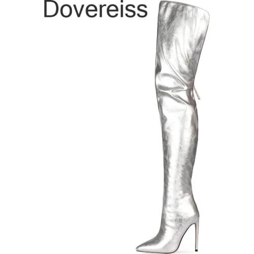 Winter Woman New Fashion Sexy Silver Consice Shoes Pure Color Pointed Toe Stilettos Heels Over The Knee Boots Big Size 46 47