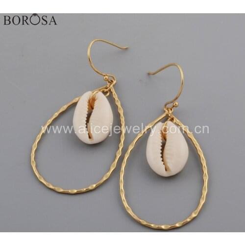 BOROSA 10Pairs Natural Cowrie Shell Earrings with Rectangle Teardrop Copper Metal Fashion Women Earrings G1757