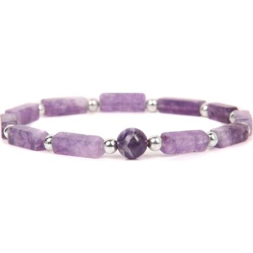 Silver Color Beads Charm Bracelets Natural Amethyst Rectangle Stone Bracelet Women Prayer Meditation Jewelry Stretch браслет