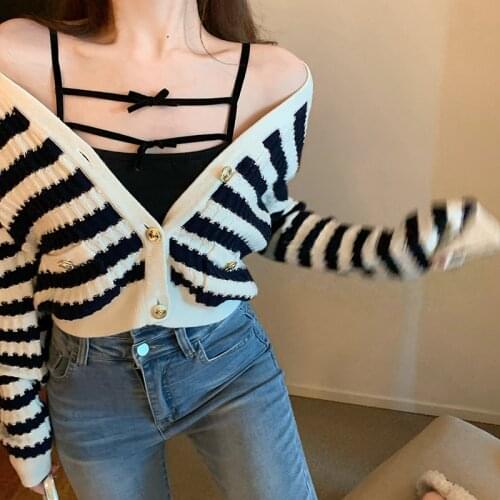 V-neck striped knitted cardigan tops women 2021 new spring short sweater basic coat suspenders jackets female
