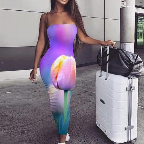 KYKU Brand Flower Dress Women Tulip Bodycon Dress Purple Boho Womens Clothing Summer Sleeveless Tunic Cool Fashion