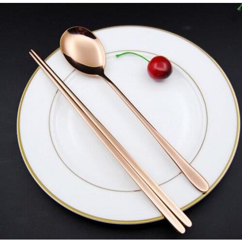 Gold Korean Stainless Steel Food Chopsticks Spoon Set Long Handle Flat Non-slip Chopsticks Dessert Spoons Dinnerware Set