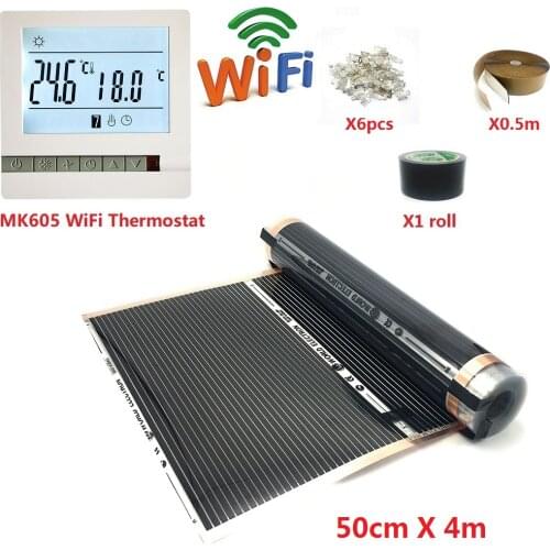 50cmX4m 220V Infrared Warm Floor Heating Film Kits with WiFi Thermostat Clamps and Insulation Pastes