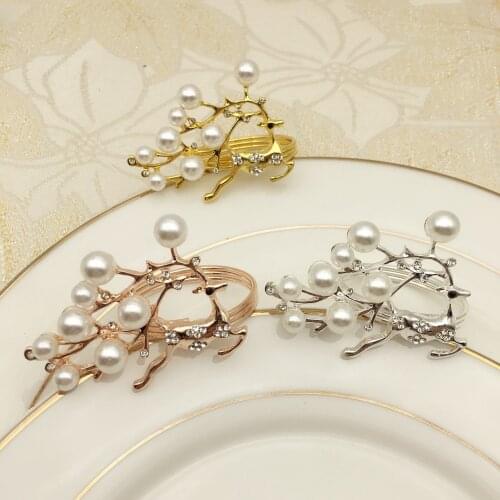 6pcs Pearl Christmas Fawn Table Napkin Rings,Metal Alloy Napkin Holder,Towel Serviette Tableware Ring Buckle Table Decor