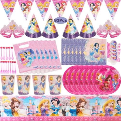 93pcs New Princess Kids Girls Favor Birthday Pack Event Party Decoration Cups Plates Baby Shower Disposable Tableware Supplies