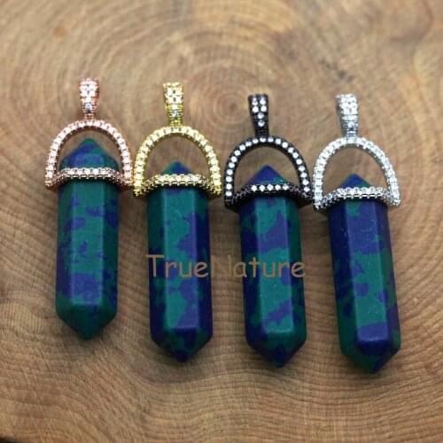 Turquoises Double Terminated Gold Electroplated Pencil Pendant Zircon Paved Beads Point Pendant For Jewelry In 45*10 mm PM7423