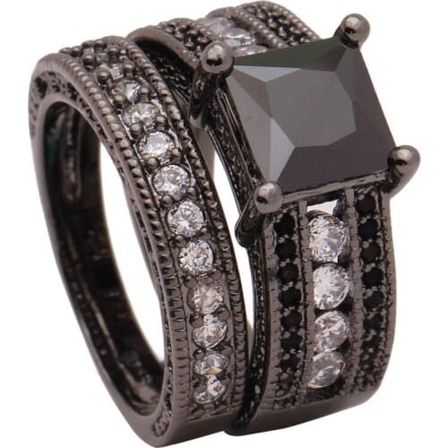 Black finger Rings sets paved white cz zircon wholesale vintage luxury hot 2016 design wedding Engagement Ring sets for women