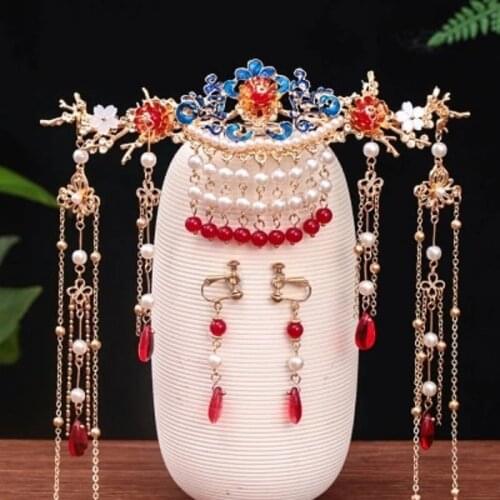 Chinese Hanfu Retro Tassel Comb Red Crown Earrings Headwear Set Ladies Wedding Party Jewelry