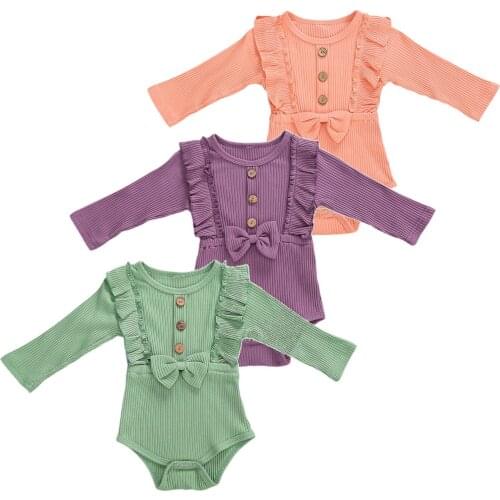 Citgeett Autumn Solid Newborn Baby Girls Ruffled Bowknot Button Bodysuit Long Sleeve Solid Color Spring Clothes