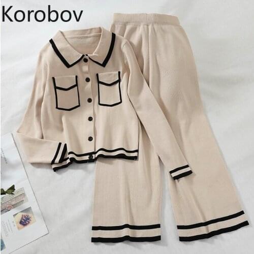 Korobov Korean Women Suits Turn-Down Collar Long Sleeve Pockets Patchwork Knitted Cardigans and Pants 2 Piece Set 78805