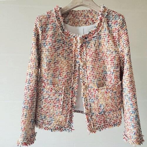 Colorful Tweed Women Jacket Long Sleeve Single-Breasted Tassel Pocket Short Coat Autumn Winter French Temperament Outwear Tops