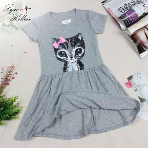 Hot Sale New Summer Girl Dress Cat kitty Print Grey Pink Baby Girl Dress Children Clothing Children Dress 0-8 Years Kids Dresses