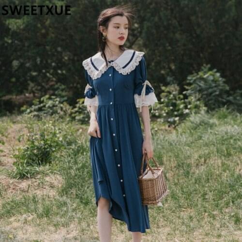 SWEETXUE Sweet Cute Kawaii Lolita Dress Womens Summer Temperament Vintage Single-Breasted Lace Patchwork Chic Long Dress Lady