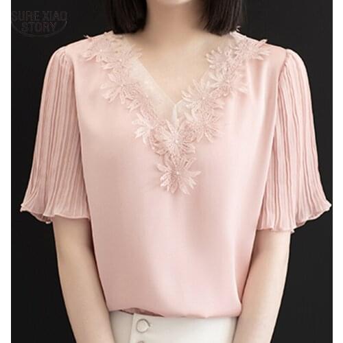Fashion V-neck Lace Female Chiffon Shirt Summer Gentle Temperament Lady Shirts Short-sleeved Women Blouses Chemisier Femme 15544