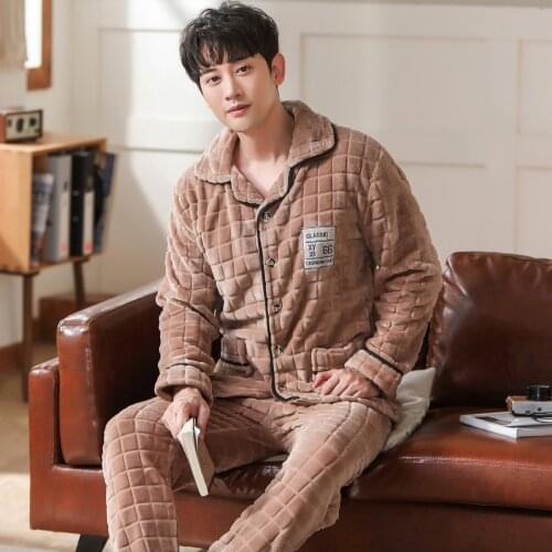 2020 New Style Mens Pajamas Set Autumn Winter Warm Flannel Thicken Male Pajamas Sets Long Sleeve Sleepwear Top +Pant Leisure