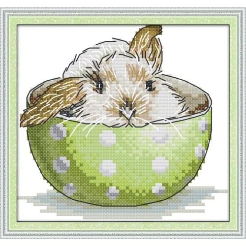 Rabbit In The Cup Printed Cross Stitch Kits 11CT 14CT Pattern DMC Fabric On Canvas Chinese Embroidery Sets For Home Decorations