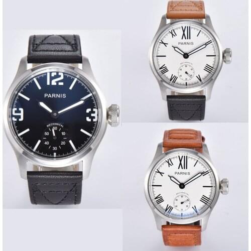 New Parnis 46mm Hand-winding Mens Wristwatch ST3620 movement Black / White Dial Seconds dial leather strap big face clock