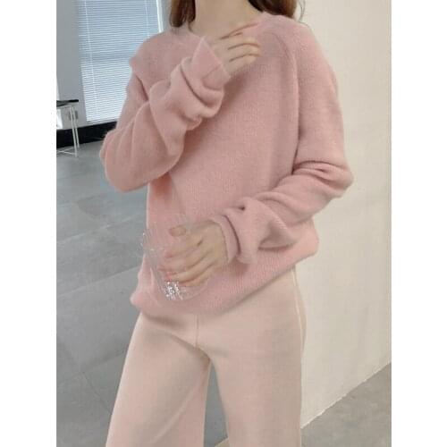 New Autumn / Winter 2020 Korean Style Soft Comfortable Rabbit Hair Blended Womens Long Sleeve Knitted Pullover Pink Sweater
