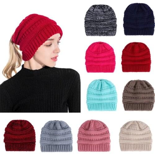 New Unisex Solid Color Keep Warm Autumn Winter Horsetail Cap Outdoor Casual Tide Stripe Women Beanie Knitted Hat Horsetail Hat