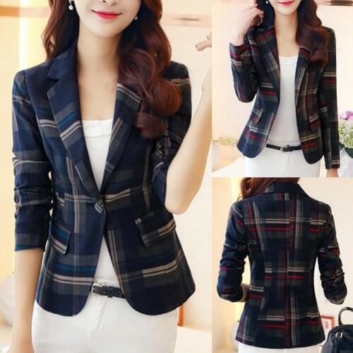 Office Fashion Women Plaid Print Jacket Suit Long Sleeve Slim Fits Blaze Outwear