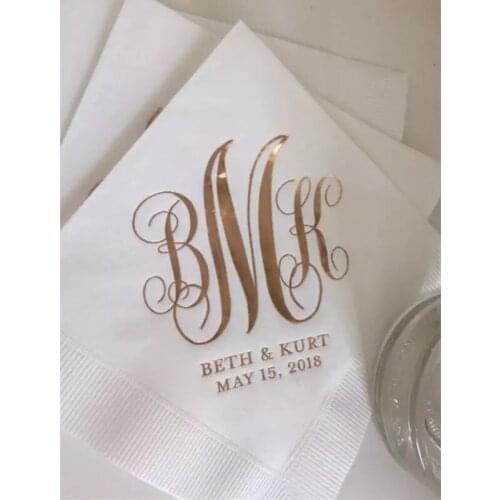 Personalized Napkins 3 Ply Premium Quality All Sizes Available Personalized Wedding Napkins Custom Monogram Rose Gold Foil