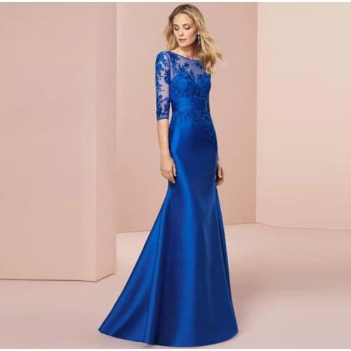 2021 High Quality Mermaid Blue Lace Mother of the Bride Dresses Three Quarter Sleeve Boat Neck Wedding Guest Gowns Back Out