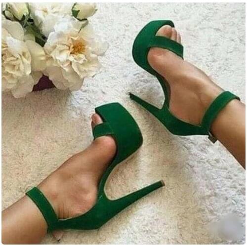 Sexy Green Suede Womens Square Heel Sandals Peep Toe Ankle Strap Buckle High Platform Dress Shoes Chunky Heels Summer Shoes