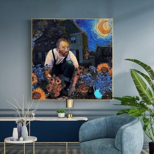 Funny Art Van Gogh and Sunflowers and Blue Starry Sky Posters and Prints Canvas Paintings Wall Art Picture for Living Room Decor