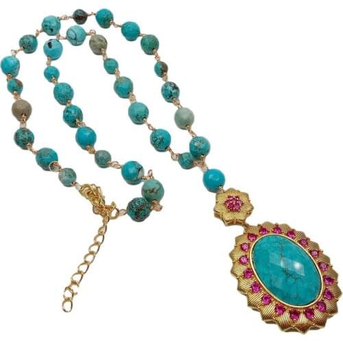 Y·YING Blue Turquoises Rosary Chain Necklace Oval Turquoises Red Cz Pave Pendant 19"