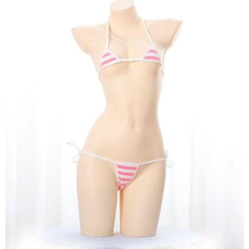 Japanese Sexy Lingerie Lolita Kawaii Blue Pink White Striped Mini Bikini Adult Cosplay Erotic Costumes Bra Women Underwear Set