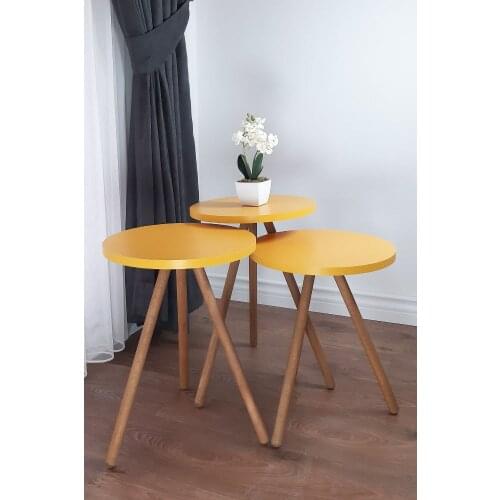Yellow Wood Pedestal Round Design Triple Zigon Coffee Table