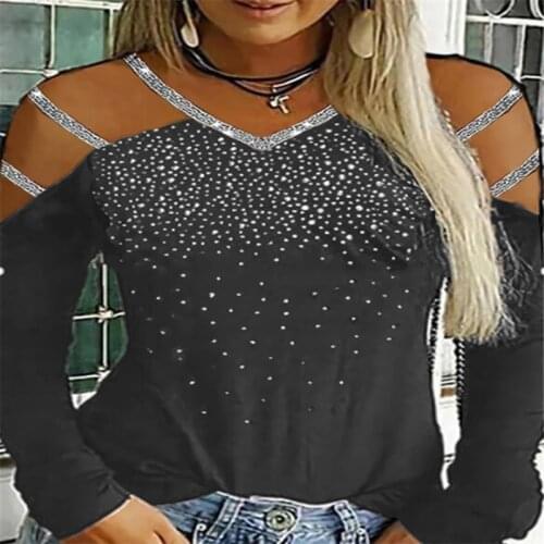 Women Fashion Off Shoulder Top Neck Hollow-out Studded Long Sleeve Casual Tops Autumn And Winter Harajuku Womens Blouse
