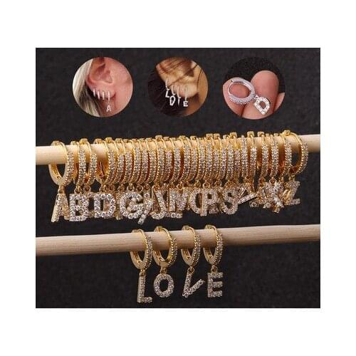 English Letters Stud Earrings for Women Gold Silver Alphabet Zircon Earring CZ Pendant Cartilage Helix Earring 2021 Trend