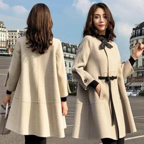 2021 Autumn Winter Womens Loose Houndstooth Coats Wool Cloak Stand Collar Overcoats New Korean Warm Single-breasted Long Coat