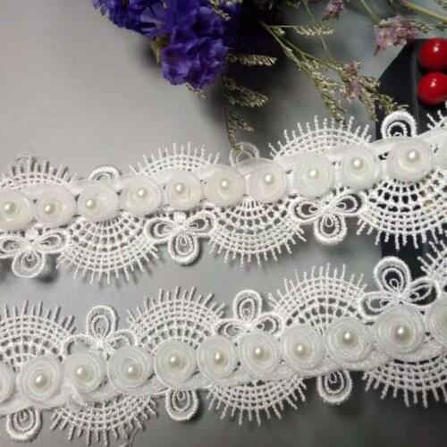 1 yard White Pearl Beaded Flower Embroidered Lace Edge Trim Ribbon Floral Applique Patches Wedding Dress Fabric Sewing Craft New