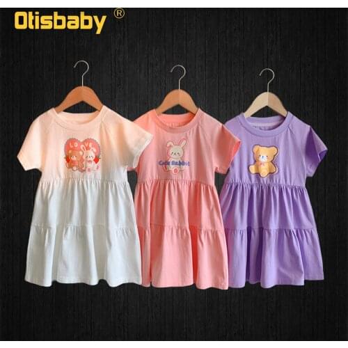 100% Cotton Summer Girls A-Line Casual Dress Children Cartoon Bear Rabbit Clothes Party White Purple Pink Princess Puffy Dresses