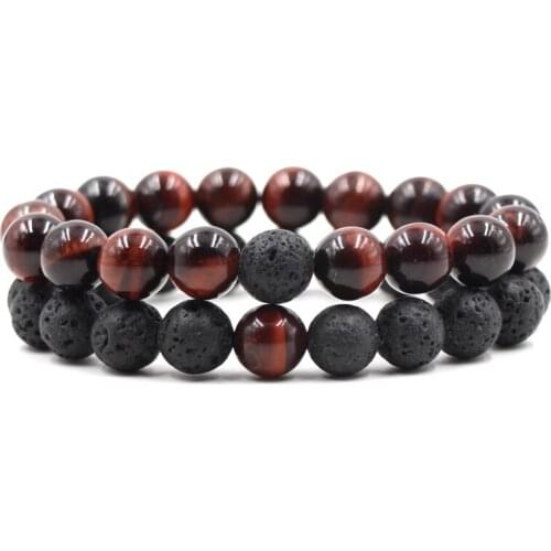 2019 Statement Natural Red Tigers eye Classic Black Volcano Beads Bracelet Bangle 1-2/Set Elastic Bracelet for Women Men Gift