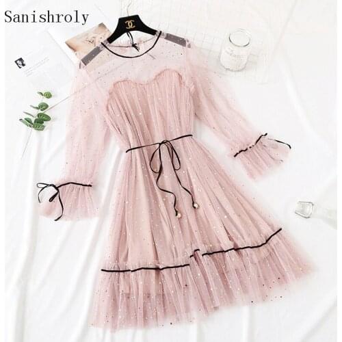 2021 Spring Autumn Women Star Sequined Lace Dress Sweet Tie Bow Flare Sleeve Mesh Dress Female Midi Princess Ball Gown Vestidos