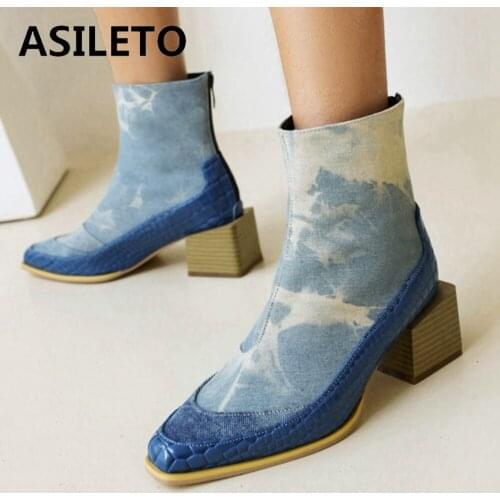 ASILETO 2021 Designer Gothic Black Ankle Boots for Women Mortorcycle Pointed Toe Square Mid Heel Zipper Blue White 48 S2447